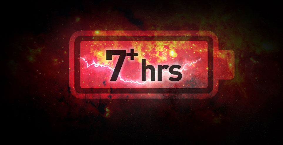Clipart of a large battery, with texts reading as “7+ hours” at the center. The background is red sky with lightning and red cloud